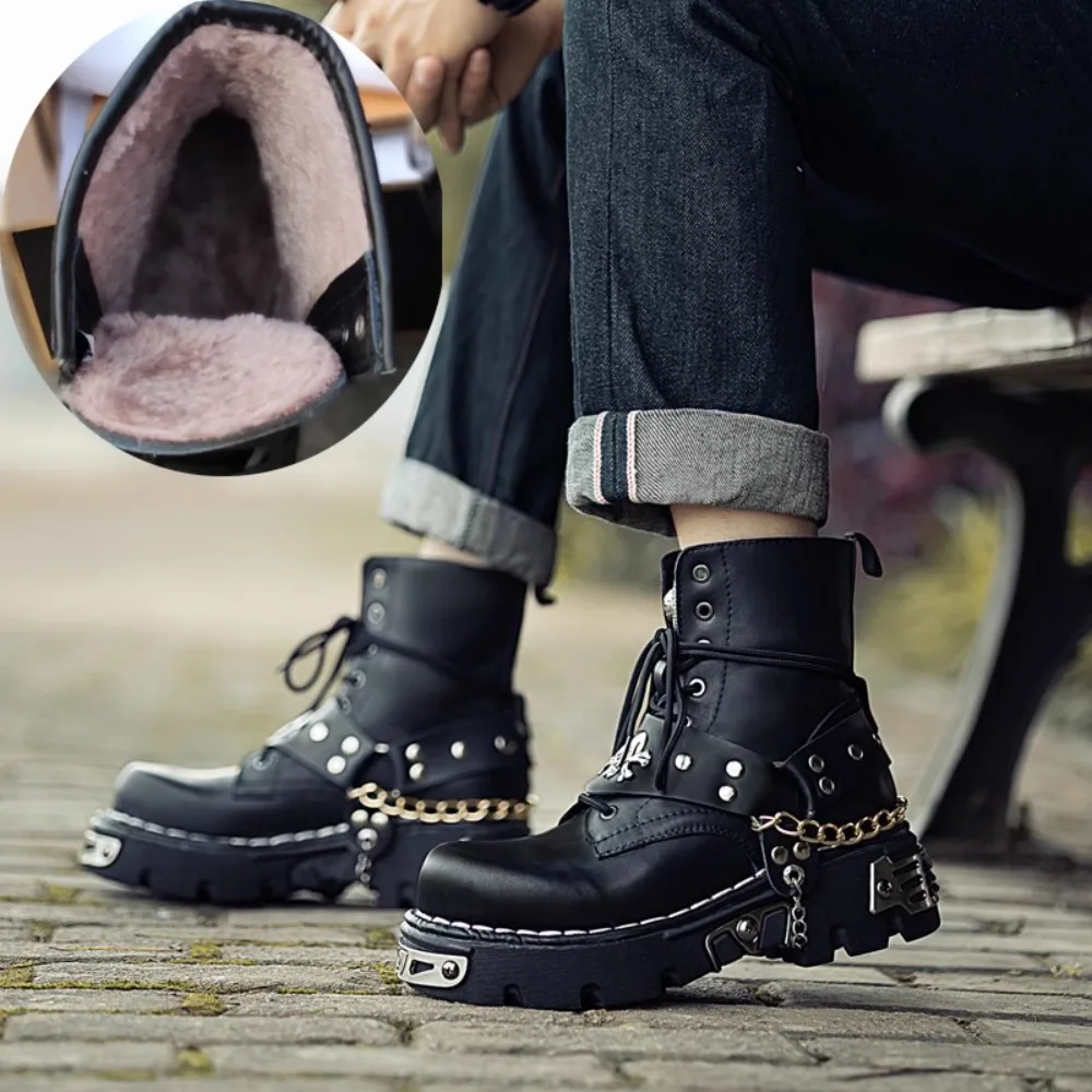 Motorcycle Chain - メンズファッション本革バイクブーツ、パンクゴススカルミッドカーフメタルチェーンウエスタンチェルシーカウボーイブーツプラットフォーム