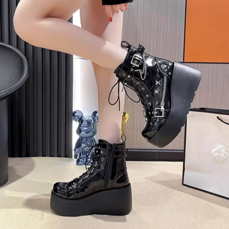 デザイナー女性プラットフォームゴシックアンクルコンバットブー - Motorcycle Chain のレビューと価格